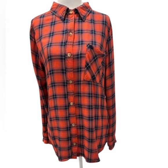 Abercrombie & Fitch Orange Red Flannel Tartan Plaid Button Down Shirt M - Picture 1 of 6